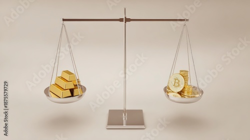 Balancing gold bars and Bitcoin coins highlights the evolving financial landscape, showcasing digital currency versus traditional investments.