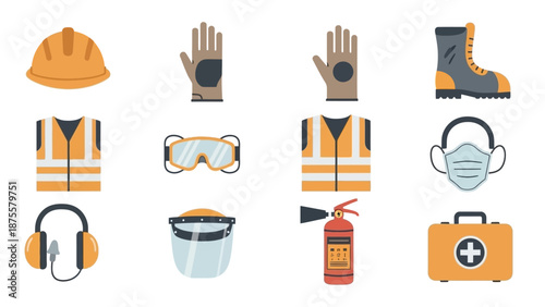 Safety Equipment and Protective Gear Icons Set.