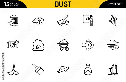 Dust outline icon set. odor, smoke, sand, dusting, allergen, dust cleaning, Editable stroke. Vector illustration. Thin outline icons pack. Vector illustration