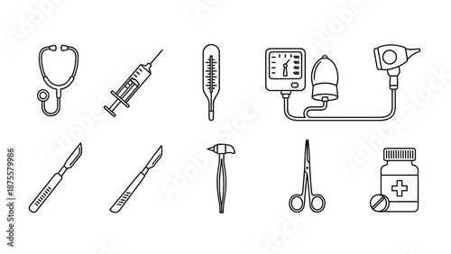Medical Instruments and Equipment Line Icons Set.