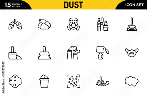 Dust outline icon set. odor, smoke, sand, dusting, allergen, dust cleaning, Editable stroke. Vector illustration. Thin outline icons pack. Vector illustration