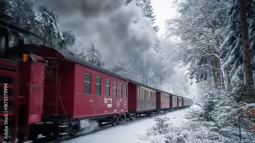 Vintage steam train traversing snowy forest landscape with winter atmosphere