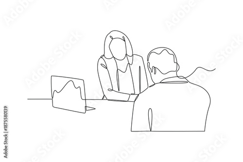 Candidate Evaluation Discussion. Recruitment Online and offline Concept. Single line draw design. Vector graphic illustration