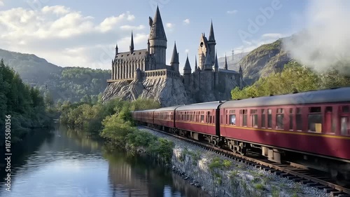Vintage train passing castle along river on sunny day travel adventure