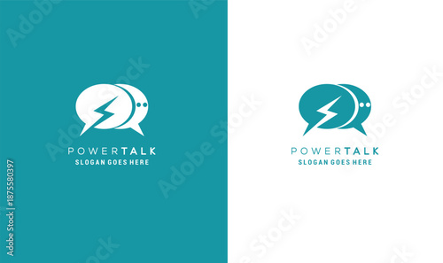 Powertalk logo design template with speech bubble and lightning bolt symbol