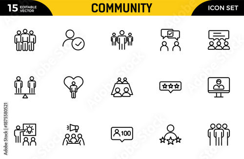 Community line icon set. People, hands, hearts, cooperation, and social connections drawn in unifying minimalist style. Thin outline icons pack. Vector illustration