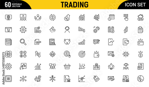 Trading Outline icon set. Containing Bank, Currency Exchange, Cheque, Security Guard, Money Transfer, Loan. Thin outline icons pack. Vector illustration