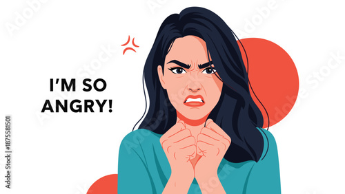 Extremely angry young woman with long dark hair clenching her fists and shouting her frustration against a red circle background.