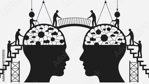 Workers building a bridge between two human heads with exposed brains