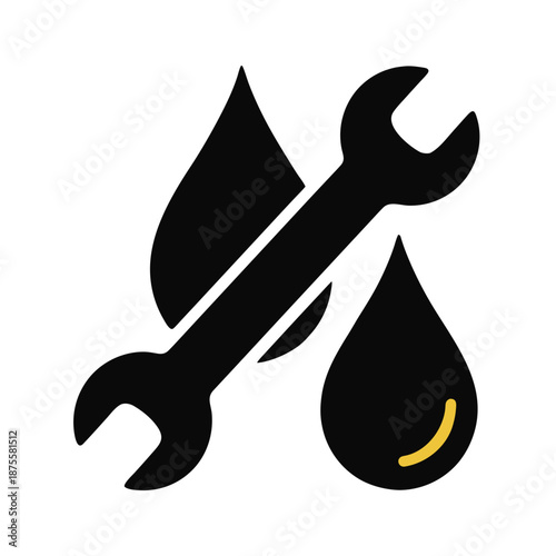 Wrench and oil drop vector icon for mechanical repair and fluid maintenance. Represents automotive service, industrial upkeep, and lubrication