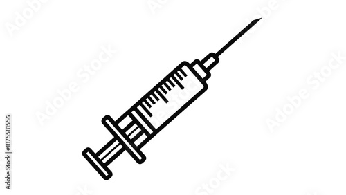 Simple black and white line icon of a medical syringe used for vaccines, injections, and blood samples in healthcare settings.