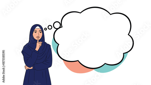 Young Muslim woman wearing a blue hijab thinking deeply with a large blank thought bubble above her head for custom messages.