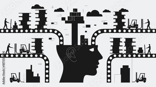 Industrial cityscape inside a human head with workers on production lines
