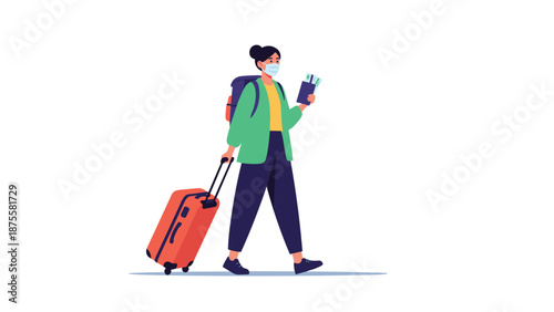 Female traveler wearing a face mask while walking with a red suitcase and holding her passport for a safe trip during pandemic.
