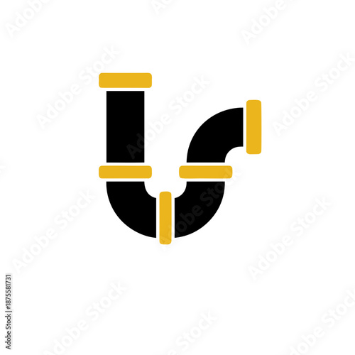 Clean black and yellow U-bend plumbing pipe icon, illustrating vital water drainage and waste systems for home infrastructure, construction, and maintenance applications