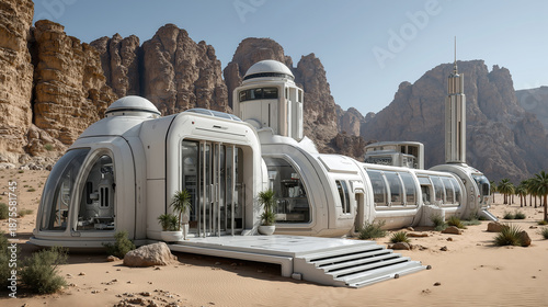 Futuristic space colony habitat with dome and tower in arid desert landscape with rocky cliffs and palm trees