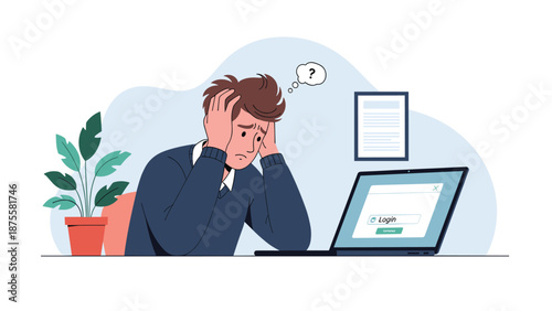 Frustrated man holding his head in stress while sitting at a laptop with a login error or forgotten password issue at his desk.