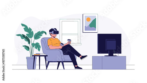 Young man sitting in an armchair while using a virtual reality headset and controller for gaming or immersive entertainment.