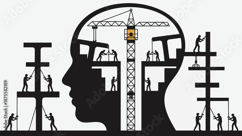 Construction workers building inside human head silhouette