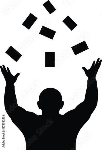Black silhouette of a person with arms raised throwing banknotes in the air for wealth and success concepts.