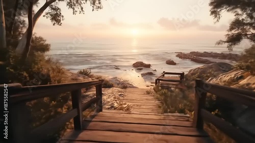 Wooden pathway leads to tranquil ocean at sunrise or sunset scene