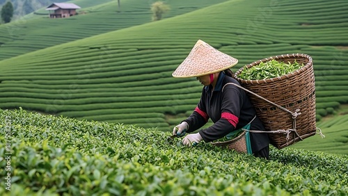 An Asian Tea Picker Harvests Fresh Green Leaves In A Lush Plantation With Rolling Hills And A Traditional Wooden House In The Background.