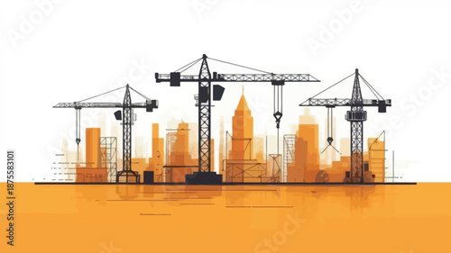 City skyline with cranes and construction equipment in urban landscape