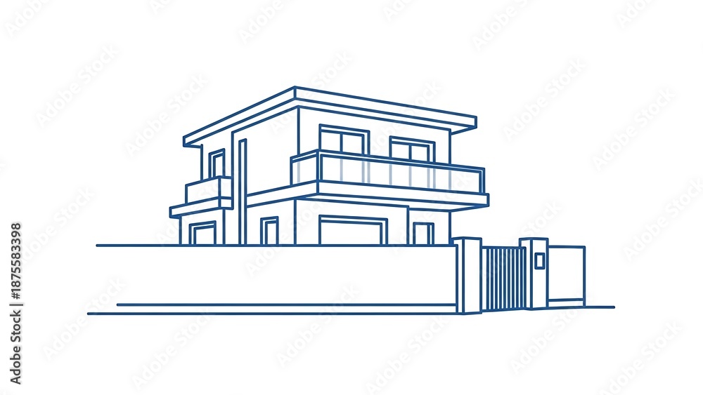 Naklejka premium Modern two-story house with balcony and gate