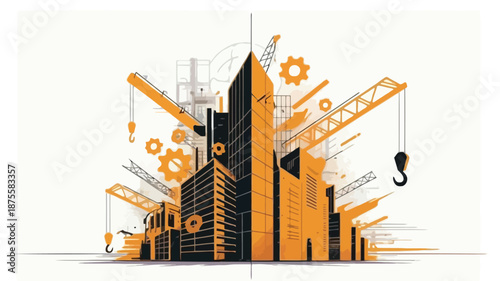 Modern cityscape with construction cranes and industrial elements