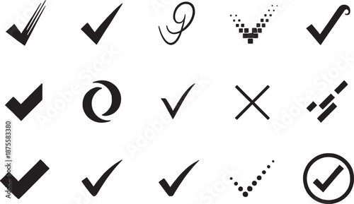 Set of hand drawn checkmarks crosses and question marks icons