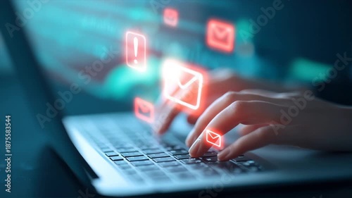 A close-up of hands typing on a laptop with glowing email notifications in a digital environment.