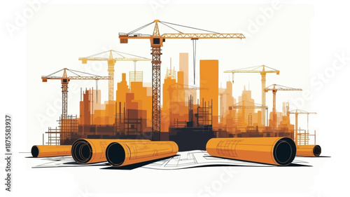 Construction site with cranes and building plans