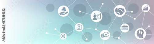 Onboarding vector illustration. Banner with icons related to new hire welcome, orientation, introduction, training or knowledge transfer / staff, employee, talent or team workflow management. 