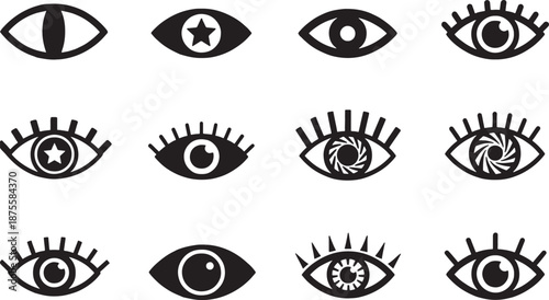 Set of stylized human eyes with various designs and patterns