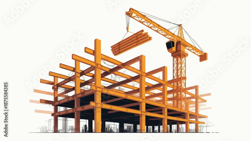 Construction site with crane building modern steel structure