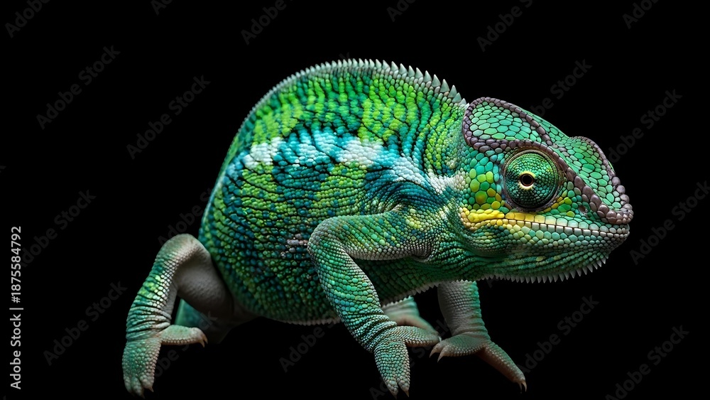 Fototapeta premium Vibrant Green Chameleon on Black Background.