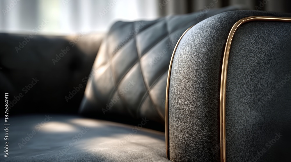 Fototapeta premium Elegant black leather sofa with quilted texture and gold accents, showcasing modern design elements and luxurious comfort in a stylish interior setting with natural light