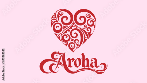 Aroha - Maori word for Love and Compassion and Maori stylized heart with koru swirls inside. Vector illustration. 