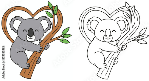 Cute cartoon koala hugging a heart shaped tree branch Vector illustration set with colorful character and black and white outline for coloring book page