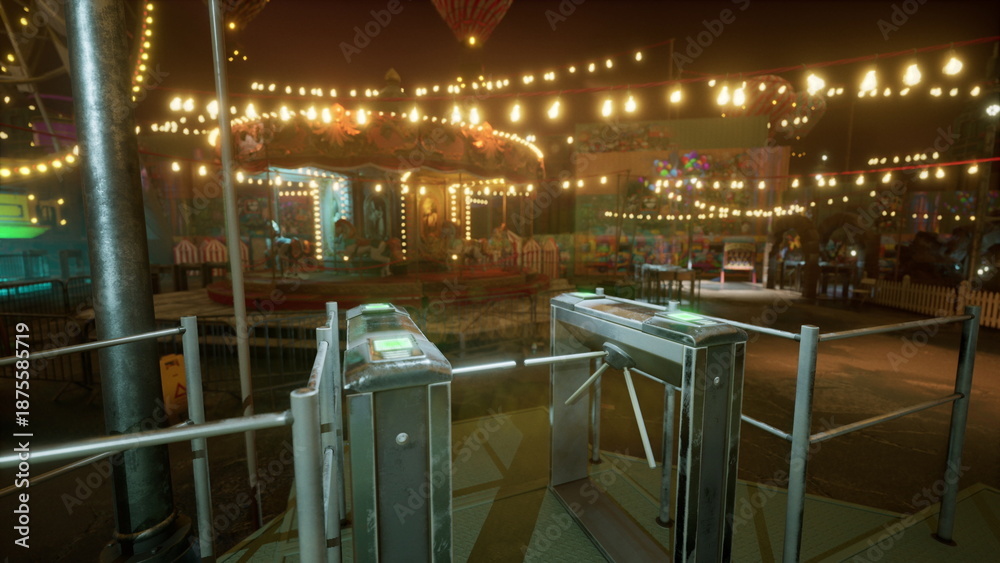 Fototapeta premium night carnival turnstile and railings closed after shift, ride attendant secured gates while warm string lights cast soft bokeh glow, metal platform shows damp