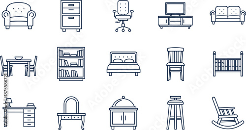 Collection of home and office furniture line icons featuring sofa bed chair desk table bookshelf and wardrobe isolated on white background for interior design