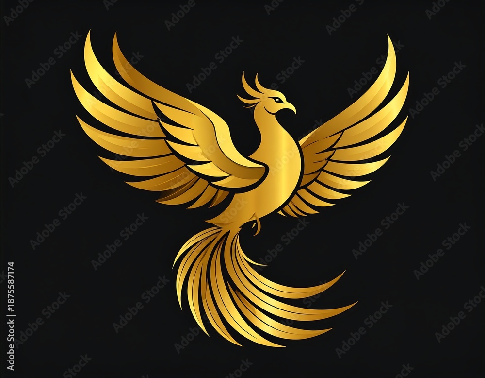 Fototapeta premium Golden mythical bird with outstretched wings, set on black background