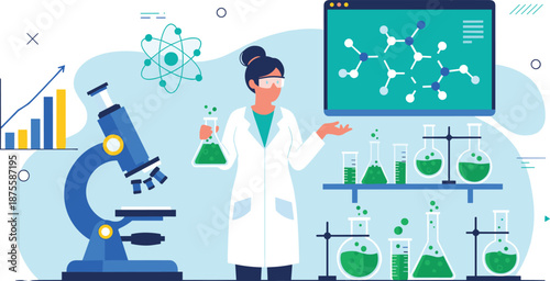 Female scientist working in laboratory with microscope and chemical flasks conducting medical research with molecule structure on screen for science education and biotechnology vector