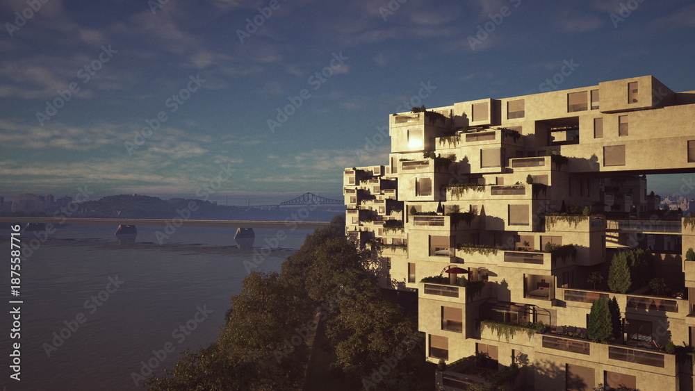 Fototapeta premium Golden hour modular complex on cliff overlooking bay and bridge, concrete terraces and stacked cubic units glowing in warm light, tranquil atmosphere, distant