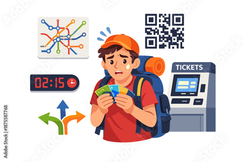 Confused traveler male teen caucasian with map, tickets, and backpack at station