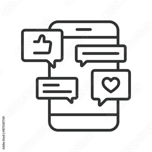 Mobile social notifications, icon in line design. smartphone, chat, like, message, heart, comment, alerts on white background vector. Mobile notifications editable stroke icon