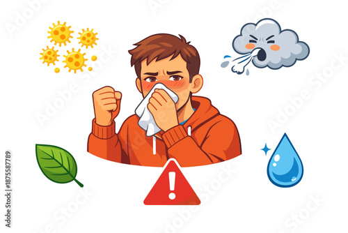 Sneezing male cartoon with allergens and cold icons