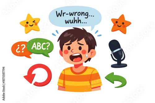 Young male struggling with pronunciation amid speech therapy icons
