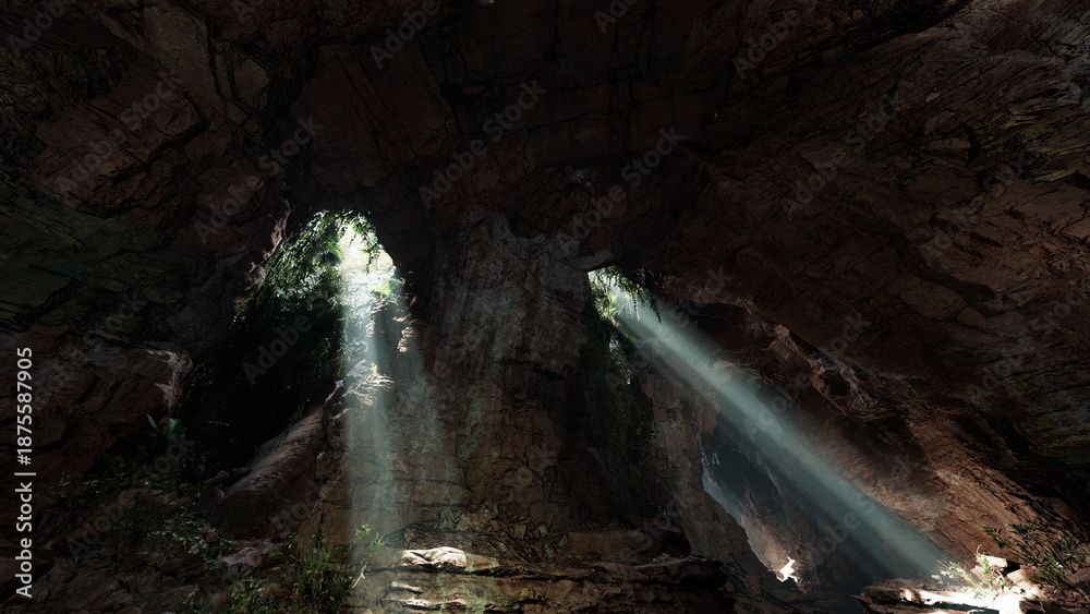 Fototapeta premium Dramatic light shafts piercing dark cavern, dust motes visible in beams, wet stone floor reflecting glow, cathedrallike spaces and quiet echo, mystical