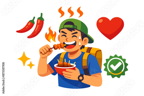 Young asian male enjoying spicy street food skewers with passion and delight
